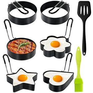 6 Pack Eggs Rings, Stainless Steel Egg Cooking Rings, Round Pancake Mold for Frying Eggs, Omelet and Muffins, Non-stick Fried Egg Mold Ring with Oil Brush and Slotted Spatula, 4 Shapes