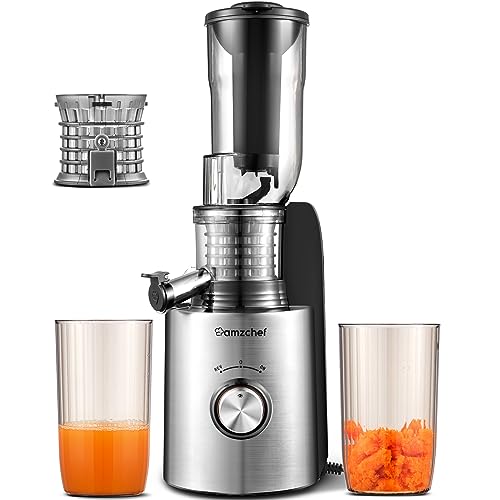 Juicer machines, AMZCHEF Compact Slow Masticating Juicer, 3″ Wide Chute Cold Press Juicer, Upgraded Non-Clogging Filter, High Yield Juice, 250W Power (Silver)