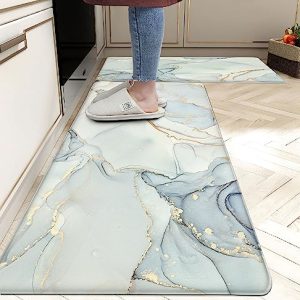 Marble Kitchen Mat Set of 2 Abstract Kitchen Rugs Anti Fatigue Kitchen Floor Mat Golden Edge Design Padded PVC Heavy Duty Waterproof Comfort Standing Runner Rugs, 17.3×28+17.3x 47 inches, Ewing blue