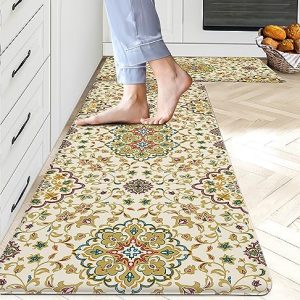Tyrot Kitchen Mat Set of 2 Boho Floral Cushioned Anti-Fatigue Floor Mat PVC Rubber Non Slip Waterproof Kitchen Rugs and Mats Comfort Standing Mat for Office, Sink, Laundry, 17.3×28+17.3×47 inches