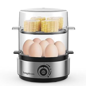 Longdeem Rapid Electric Egg Cooker & Vegetable Steamer, 14 Egg Capacity, Buzzer Feature for Poaching, Boiling (Soft, Medium, Hard) , Stainless Steel, BPA Free, Measuring Cup Included for Health-Focused Cooking