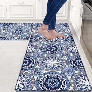 ASPMIZ Kitchen Mats Sets 2 Piece, Memory Foam Kitchen Rugs and Mats Non Slip Washable, Farmhouse Anti Fatigue Kitchen Mat and Runner Set, Blue Cushioned Floor Comfort Mat, 17” x 47” + 17” x 30”