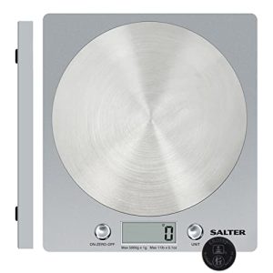 Salter Digital Kitchen Weighing Scales – Slim Design Electronic Cooking Appliance for Home / Kitchen, Weigh Food up to 5kg Aquatronic for Liquids ml and fl. Oz. 15Yr Guarantee – Silver