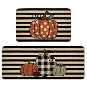 Pumpkin Fall Kitchen Floor Mat Set of 2, Non-Slip Absorbent Rug and Door Mats, Seasonal Autumn Decorative Home Kitchen Doormat 17×29 and 17×47 Inch DM089