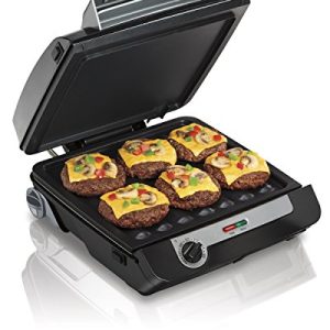 Hamilton Beach 4-in-1 Indoor Grill & Electric Griddle Combo with Bacon Cooker, Opens Flat to Double Cooking Surface, Removable Nonstick Plates, Black & Silver (25601)