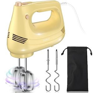 GUALIU Electric Hand Mixer with Stainless Steel Egg Beater, Dough Hook Attachment and Storage Bag Compact Lightweight Hand Mixer for Baking Cakes, Eggs, Cream Food Mixers. Turbocharged /5 Speed + Eject Button Kitchen YELLOW