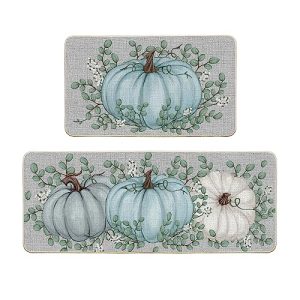 Artoid Mode Pumpkin Eucalyptus Fall Kitchen Mats Set of 2, Home Decor Low-Profile Kitchen Rugs for Floor – 17×29 and 17×47 Inch