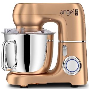 Mini Angel Stand Mixer,10-Speed 5.5QT Kitchen Electric Mixer with DIY Color Stickers,Tilt-Head Food Mixer with Dough Hook, Wire Whisk, Flat Beater, Stainless Steel Bowl (Champagne 1)