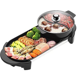 Electric Hot Pot Grill Removable Shabu-shabu Pot Korean BBQ Grill 2200W/ Large Baking Tray Divider Hotpot, Smokeless Non-Stick Cooker Pan, Adjustable Temperature, 1-6 People