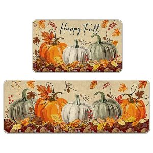 Tailus Happy Fall Pumpkin Patch Kitchen Rugs Set of 2, Autumn Maple Leaves Kitchen Mats Decor, Thanksgiving Farmhouse Floor Door Mat Home Decorations – 17×29 and 17×47 Inch