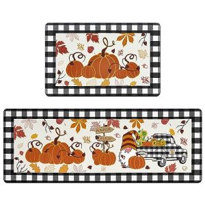 Bsmathom Fall Kitchen Rugs Set of 2, Anti Fatigue Non Slip Kitchen Rugs and Mats Sets Thick Cushioned Kitchen Mats, Thanksgiving Pumpkin Gnomes Waterproof Kitchen Rug Runner for Office Laundry Room