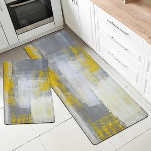 MAYHMYO Kitchen Mat for Floor Grey Yellow Kitchen Rugs and Mats Non Skid Washable 17″X48″+17″X24″ Set of 2 Abstract Art Kitchen Floor Rugs Mats for Dining Room Floor Home Sink Laundry