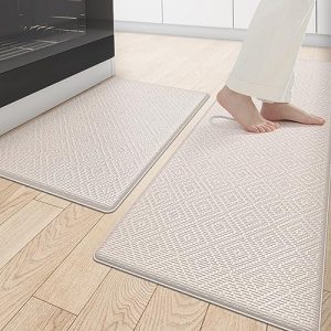 DEXI Kitchen Mat Cushioned Anti Fatigue, 2 PCS Kitchen Rug Set Non Slip, Waterproof Comfort Standing Kitchen Floor Mat, 17″x29″+17″x59″, Beige