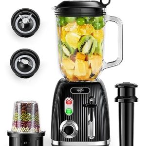 Sangcon 800W Blender for Shakes and Smoothies with 57 Oz Glass Jar & 10 Oz Grinding Cup, Blenders and Food Processor Combo for Kitchen with 2 Speeds + Pulse, 6 Fins Blade & Grinding Blade