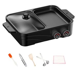 Electric Grill Indoor Hot Pot with Glass Lid & Removable Non-Stick Grill Plate,Separate Dual Temperature Contral, for 2-8 People Family Gathering Friend Meeting Party (black)