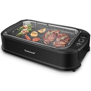 Indoor Grill, Techwood 1500W Smokeless Electric Grill with Non-Stick Grill Plates, Korean Grill with Temperature Control, Tempered Glass Lid