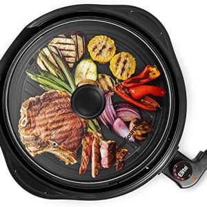 Elite Gourmet EMG1100 Electric Indoor Nonstick Grill, Dishwasher Safe, Cool Touch, Fast Heat Up Ideal Low-Fat Meals, Includes Tempered Glass Lid, 11″, Black