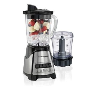 Hamilton Beach Power Elite Blender for Shakes and Smoothies with 3-Cup Vegetable Chopper Mini Food Processor, 40oz Glass Jar, 12 Functions for Puree, Ice Crush, Black and Stainless Steel (58149)