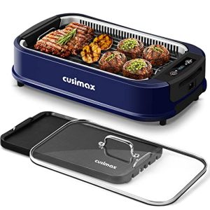Smokeless Grill Indoor, CUSIMAX Indoor Grill, Electric Grill Griddle, 1500W Portable Korean BBQ Grill with LED Smart Display & Tempered Glass Lid, Non-stick Removable Grill & Griddle Plate, Blue