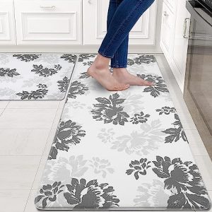 ASPMIZ 2 Pcs Gray Kitchen Rugs Set, Anti Fatigue Kitchen Mats for Floor, Waterproof PVC Kitchen Mat and Rugs Non Skid Washable, Cushioned Comfort Mat for Kitchen Sink Home, 17” x 47”+17” x 30”