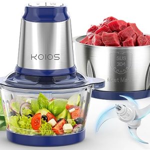 KOIOS 500W Powerful Electric Food Processor with 8 Cup Stainless Steel & Glass Bowls, 2 Speed Modes Electric Food Chopper with 2 Sets Blades Electric Meat Grinder Vegetable Chopper for Family & Baby Use