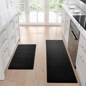 Cenivi Kitchen Rugs, 2PCS Kitchen Mat, Anti Fatigue Kitchen Mats for Floor, Non-Slip Kitchen Rugs Sets of 2, Waterproof Cushioned Standing Desk Mat, Washable Kitchen Mat Set, 17.3″×30″+17.3″×47″,Black