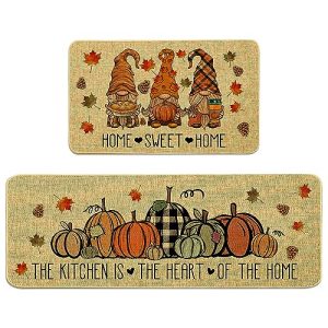 KORVITA Fall Kitchen Rugs – 2 Piece Pumpkin Kitchen Mats Set The Kitchen is The Heart of The Home Non-Slip Rugs Home Sweet Home Decoration Doormat (17″ x 29″ + 17″ x 47″)