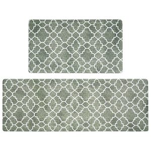 FRESHMINT Kitchen Mat Set of 2, Anti-Fatigue Cushioned Kitchen Mats for Floor, Waterproof Non Slip Comfort Standing Mat, Boho Kitchen Rug for Kitchen Decor, Sink, Office, 17″x30″+17″x47″, Sage Green