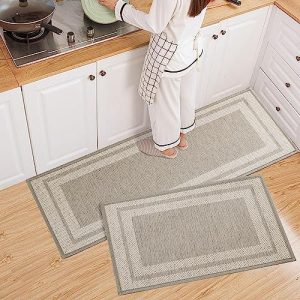 mzvcopm Kitchen Rugs Kitchen Mat Set of 2 Kitchen Rug Non-Slip Washable Kitchen Rugs and Mats,Kitchen Floor Mats for in Front of Sink.Hallway, Laundry Room 17.3″x30″+17.3″x47″ (Beige)