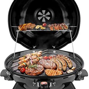 Electric BBQ Grill Techwood 15-Serving Indoor/Outdoor Electric Grill for Indoor & Outdoor Use, Double Layer Design, Portable Removable Stand Grill, 1600W (Countertop Black BBQ Grill)
