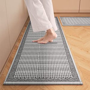 Luriseminger 2PC Kitchen Rugs Non-Skid Washable Farmhouse Standing Mat Absorbent Runner Rugs for Floor in Front of Sink,Hallway, Laundry Room，17.3″x 47″+17.3″x 29″ (Grey)