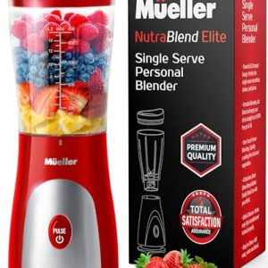 Mueller Personal Blender for Shakes and Smoothies with 15 Oz Travel Cup and Lid, Juices, Baby Food, Heavy-Duty Portable Blender & Food Processor, Red