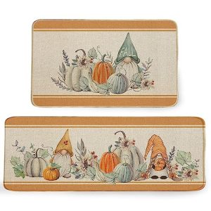 GEEORY Fall Kitchen Mats, Set of 2 Pumpkins Gnomes Stripe Floor Mat Farmhouse Seasonal Holiday Party Decorations 17×29 and 17×47 Inch (Orange) GK069