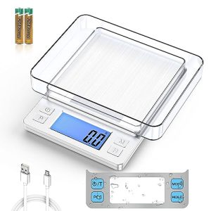 BOMATA Upgraded Small Food Scale with New Hold Function and Larger Display, 3000g/0.1g High Precision, USB Rechargeable, Digital Scale Grams and oz for Kitchen, Small Item, Jewelry. Sliver
