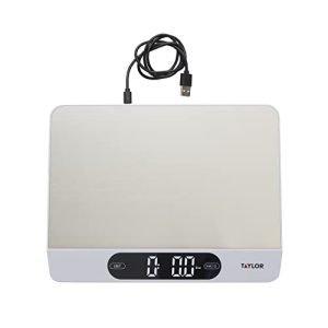 Taylor 22LB High Capacity Kitchen Food Scale with Stainless Steel Surface, Backlit Display, and USB Recharging Cord Included, White