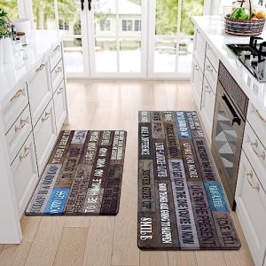 FRAMICS Farmhouse Kitchen Rugs Sets of 2 Cushioned Anti-Fatigue Kitchen Rugs Non Slip Memory Foam Kitchen Mats and Rugs Waterproof Kitchen Floor Comfort Mats, 17” x 47” + 17” x 30”, Brown