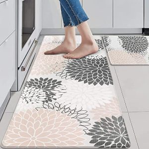 Collive Kitchen Rugs and Mats Cushioned Anti Fatigue Kitchen Mat 2PCS Non-Skid Waterproof Boho Kitchen Runner Rug Ergonomic Comfort Foam Standing Mat for Bathroom,Office,Laundry,Sink,Grey Floral