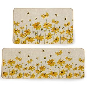 GEEORY Kitchen Mats for Floor Set of 2,Yellow Flowers Floor Mat Farmhouse Seasonal Holiday Decor for Home Kitchen – 17×29 and 17×47 Inch