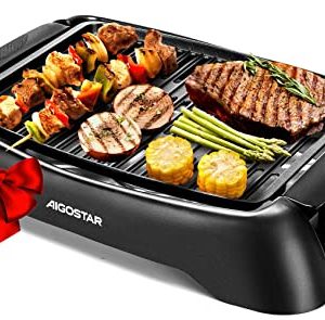 Aigostar Smokeless Indoor Grill, 1200W Electric Grill Non-Stick Cooking Removable Plate & Oil Drip Pan for Healthier Grilling, 5 Adjustable Temperature, Dishwasher-Safe, Grill for Home Roast Party
