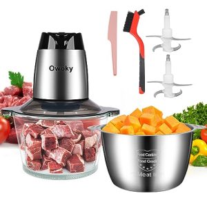 Food Processors Electric, Meat Grinder 2L Stainless Steel Meat Blender Food Chopper for Meat, Onion, Vegetables with 2pcs Bi-Level Blades, 2 Speed, 500W, 8 Cup (Meat Grinder with Double Bowl)