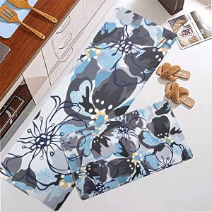 Estmy Blue and Gray Flowers Kitchen Rugs and Runners Set Modern Boho Floral Kitchen Decor, Waterproof Stain Resistant Anti Fatigue PVC Cushioned Laundry Kitchen Floor Sink Mat Non Slip Heavy Duty