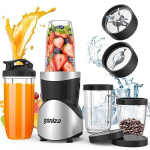 Ganiza Smoothie Blender, 900W Blender for Shakes and Smoothies, 15-Piece Personal Blender and Grinder Combo for Kitchen, Smoothies Maker with 4 BPA-Free Portable Blender Cup, Nutritious Recipe