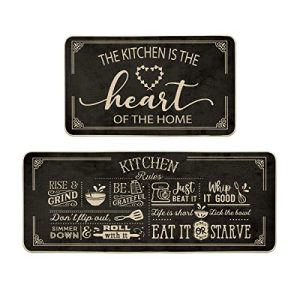 Artoid Mode Black Cooking Sets Kitchen Mats Set of 2, Seasonal The Kitchen is The Heart of The Home Holiday Party Low-Profile Floor Mat for Home Kitchen – 17×29 and 17×47 Inch