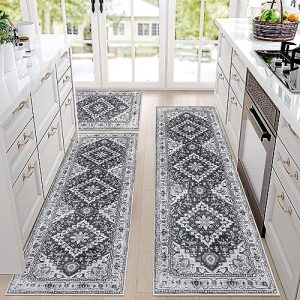 eqivei Boho Kitchen Rug Sets 3 Piece with Runner Bohemian Kitchen Rugs and Mats Non Skid Kitchen Mats for Floor Washable Kitchen Floor Mat Runner Rugs for Hallway Kitchen Holiday Decor (Boho Grey)