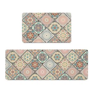 keensoft Boho Floral Kitchen Mats Set of 2 Cushioned Anti Fatigue Kitchen Floor Rugs and Mats Modern Bohemian Non Slip Waterproof Comfort Standing Mat for Kitchen, Office, Home, Laundry