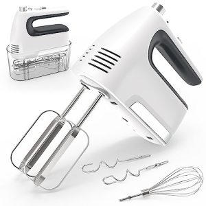 Yomelo Hand Mixer Electric 5-Speed, 400W Powerful Mixer for Baking, Mixer Electric Handheld with Storage Case, Turbo Boost and 5 Stainless Steel Accessories, Flat Beaters, Dough Hooks, Whisk -White
