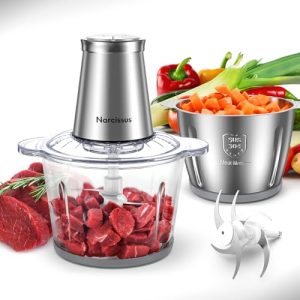 Narcissus Food Processor, 500W Electric Meat Grinder Food Chopper with Dual Bowls – 12 Cup Glass & 12 Cup Stainless steel, 6-leaf S-blades Effective Cutting for Meats Veggie, 2 Speeds Setting