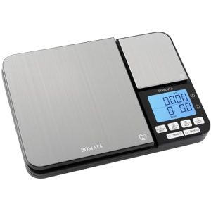 BOMATA Dual Platform Digital Kitchen Scale with Two Precision 0.1g & 0.01g/0.001oz, Max Capacity 11lb/5kg,Tare Function, Units Conversions, Dual-line LCD with Backlit, Stainless Steel, Black