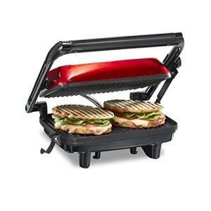 Hamilton Beach Panini Press Sandwich Maker & Electric Indoor Grill with Locking Lid, Opens 180 Degrees for any Thickness for Quesadillas, Burgers & More, Nonstick 8″ x 10″ Grids, Red (25462Z)