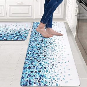 FRAMICS 2 PCS Kitchen Mats, Comfort Standing Anti-Fatigue Kitchen Rugs,PVC Waterproof Kitchen Mats,Blue White Kitchen Mats, Cushioned Non Slip Kitchen Rugs,18″x 30″+18″x47″